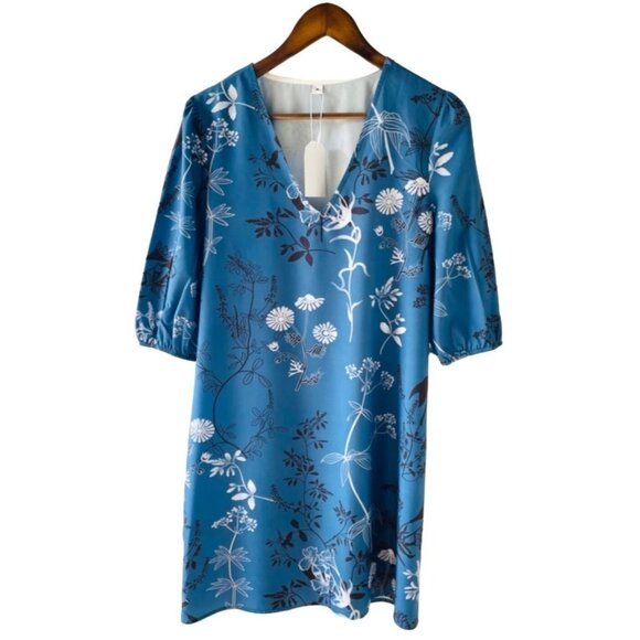 Floral V-Neck Mini Dress Sz Medium with Puff Sleeves Eco-Friendly Blue Botanical - Picture 1 of 10
